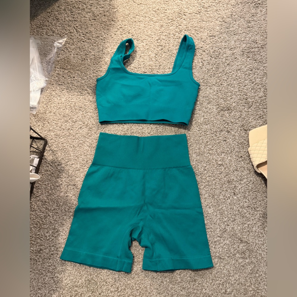 Teal Ribbed Crop Tank and High-Waist Biker Shorts Set